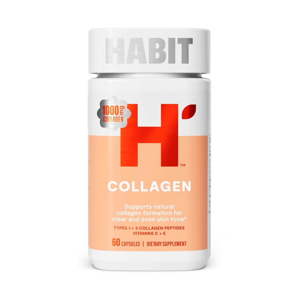 Habit Collagen Supplemento (60 capsule) - Nuovo look, 2000 mg Peptidi di collagene, vitamina C & vitamina E, salute della pelle, antiossidanti, non OGM, senza glutine (1 confezione)