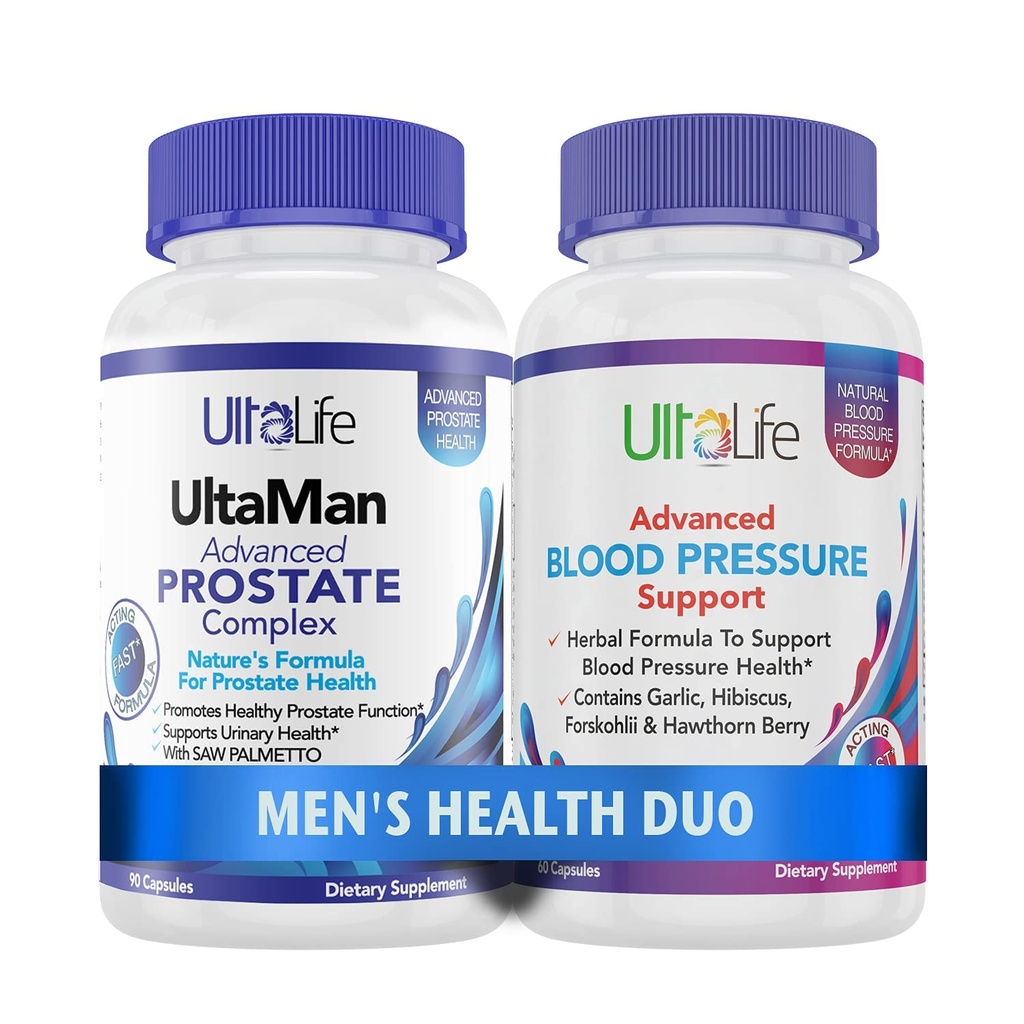 ULTALIFE Salute Uomo Duo - 2 Bottiglie - Un complesso di supporto alla prostata con Saw Palmetto & Beta Sitosterol & Un supplemento di pressione sanguigna HIGH con aglio e bacche di biancospino capsule ad azione rapida per gli uomini