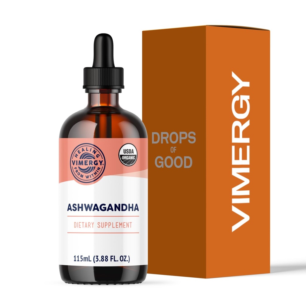 Vimergy USDA Organic Ashwagandha Liquid Extract, 57 Servings –Stress Supplement Drops – Adaptogen - Supporta la funzione cognitiva – Sleep Support – Alcohol-Free, Non-GMO, Vegan & Paleo Friendly (115 ml)