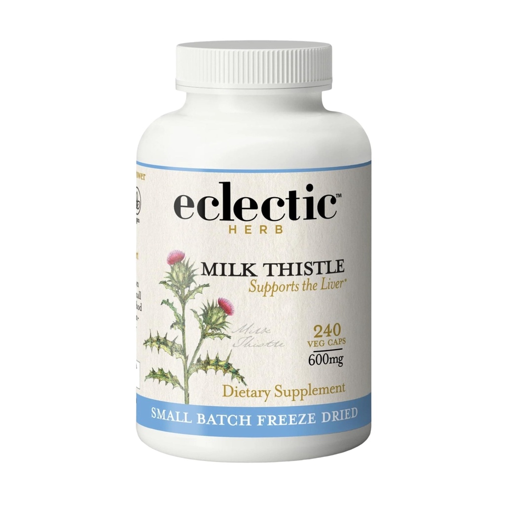 Eclettico Herb - Premium Freeze Dried Milk Thistle Capsule | Silymarin Supplemento | Supporto per fegato, Detox, Cleanse + Maintain | Vegan, Naturale, Non OGM, Gluten Free (240 CT | 600 mg)
