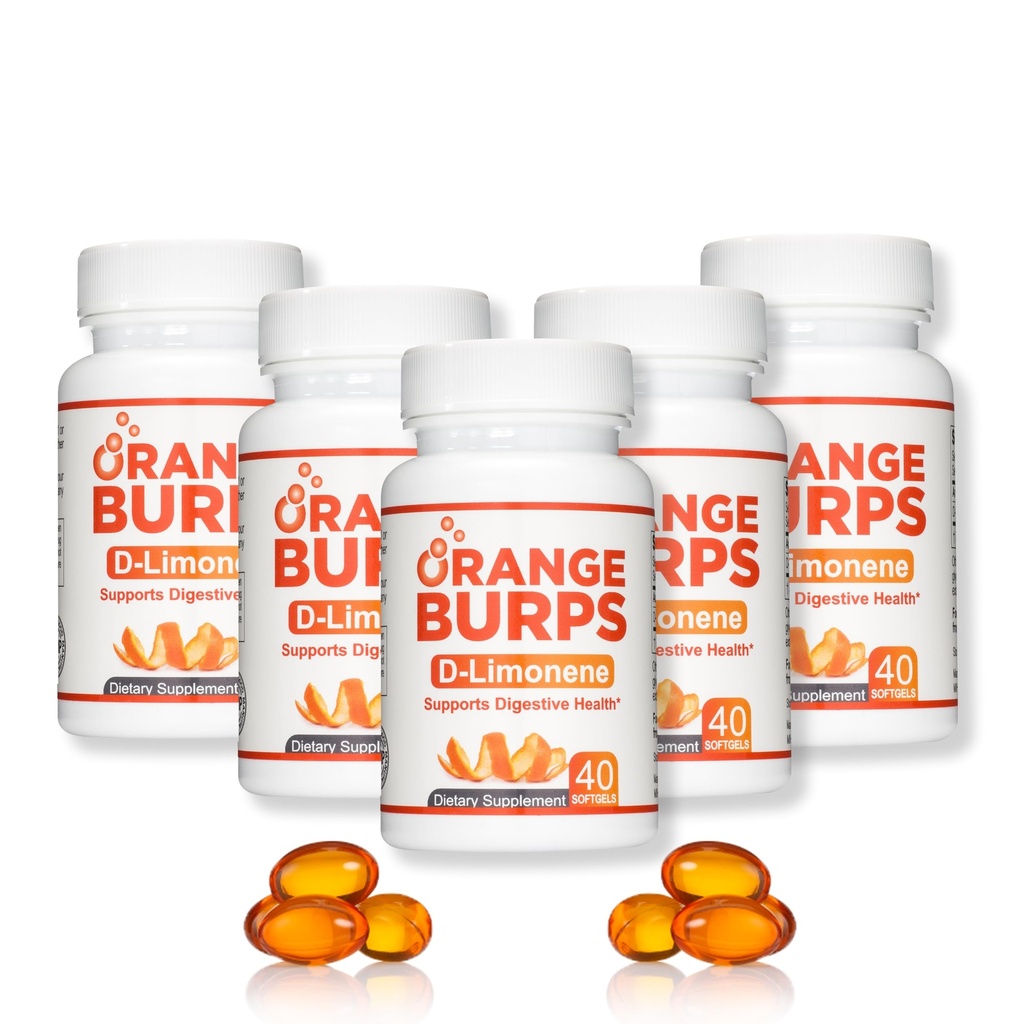 Arancione Burps | D-Limonene Supplemento - Riduttore di acido (Antacido per il riflusso acido), Rilievo di bruciore, Rilievo GERD e Rilievo di indigestione | Estratto di chiglia arancione per la salute e il benessere (1,000 mg, Confezione di 5)