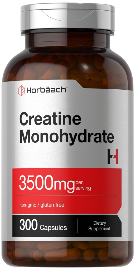 Horbäach Creatine Monohydrate Capsule | 3500mg | 300 Count | Non OGM e Gluten Supplemento gratuito