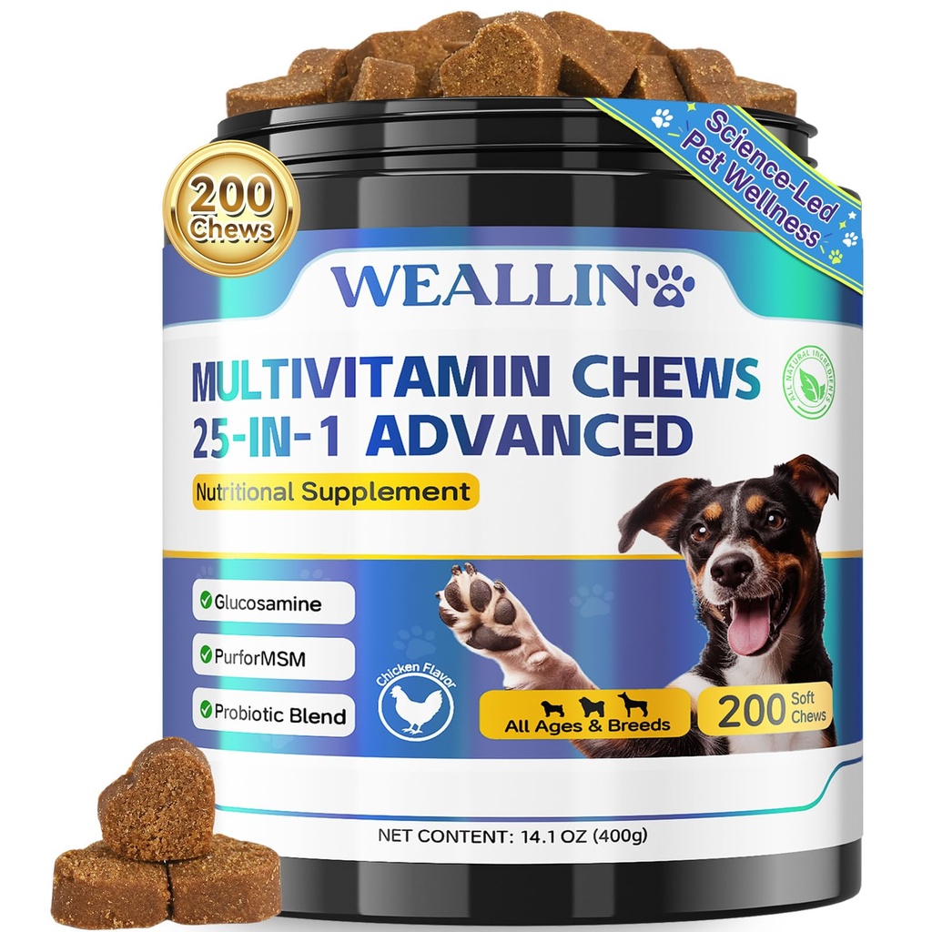 Vitamine di cane - 25-in-1 Vitamine di cane e integratori Multivitamina con Glucosamina Probiotici Omega-3 Puppy Multivitamin Chewable per cappotto, cuore, HIPS & Giunti, Digestione & Sistema immunitario 200pcs