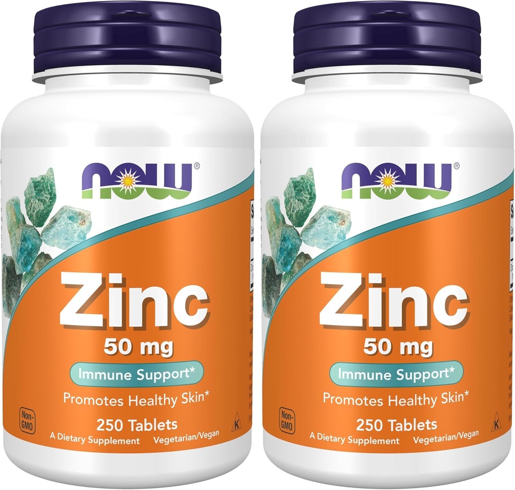 NOW Integratori, Zinco (Zinc Gluconate) 50 mg, Supporta funzioni di enzima*, Supporto immunitario*, 250 compresse (Pacchetto di 2)