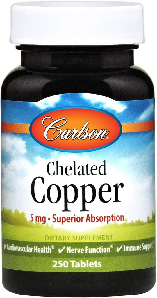 Carlson - Rame Chelato, 5 mg, Assorbimento Superiore, Salute Circulation, Funzione di Nerve & Supporto Immune, 250 compresse