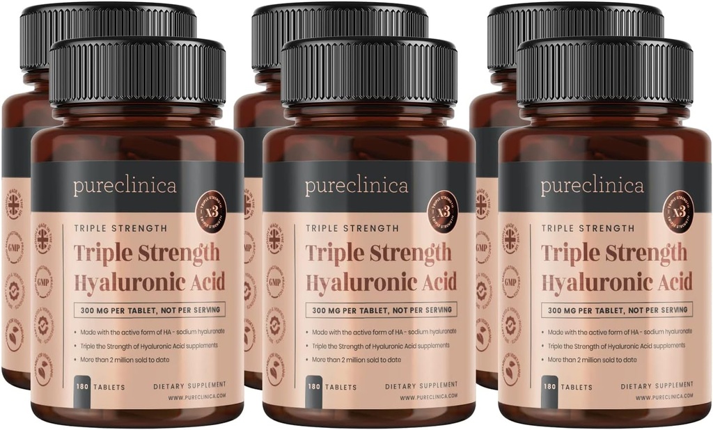 pureclinica acido ialuronico 300mg x 1080 compresse (6 bottiglie di 180 compresse - 3 anni di alimentazione). Acido ialuronico a tripla resistenza. 300% più forte di qualsiasi altro tablet HLA