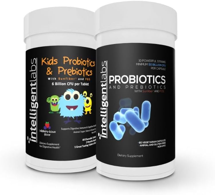 Intelligent Labs 2-in-1 Bundle di probiotici per bambini (6 miliardi di CFU con Sunfiber e FOS) + Probiotici per adulti (50 miliardi di CFU, 10 Strains), Nessuna refrigerazione necessaria, 2 mesi di alimentazione per bottiglia
