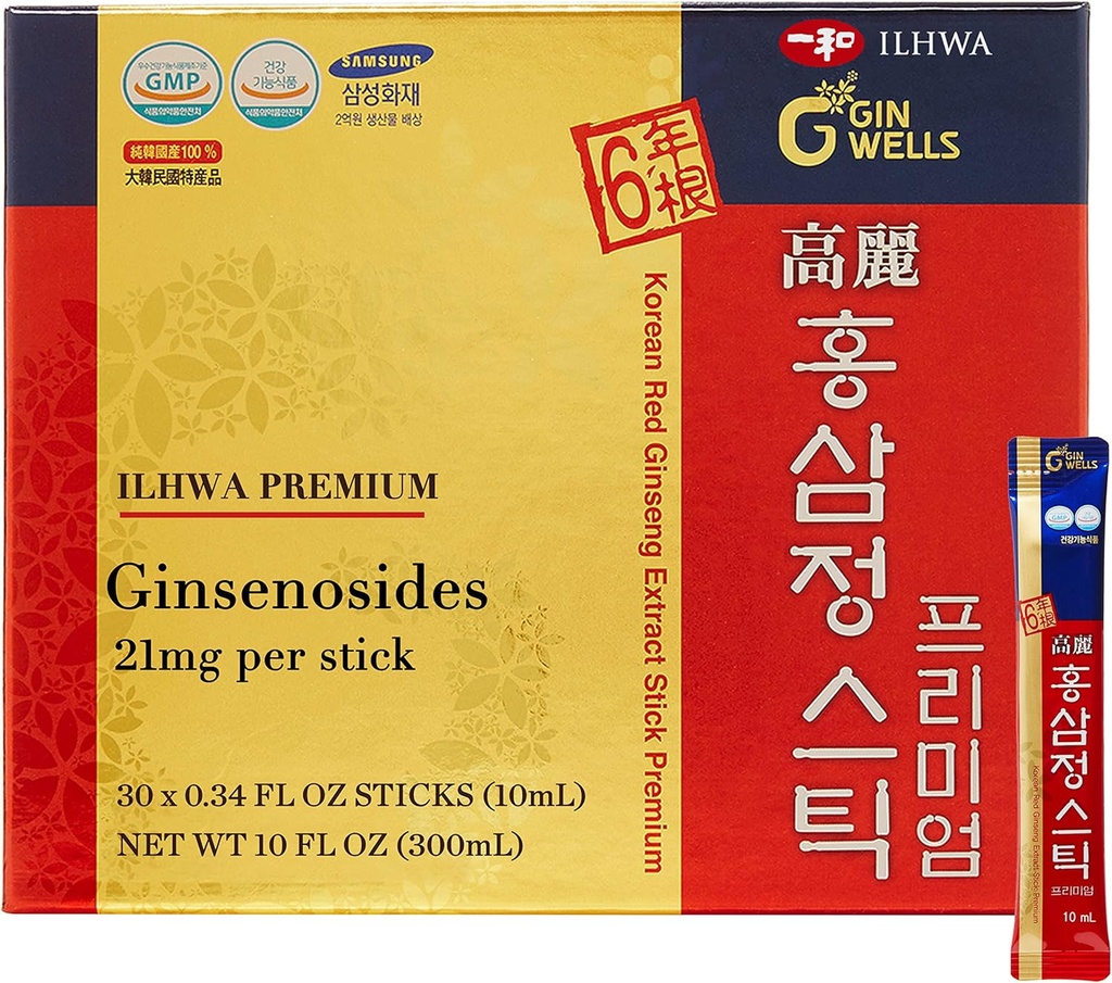 ILHWA Premium Korean Red Ginseng Extract Sticks (0.34fl oz X 30 Sticks) - per l'immunità. Ginsenoside 21 mg per Servo