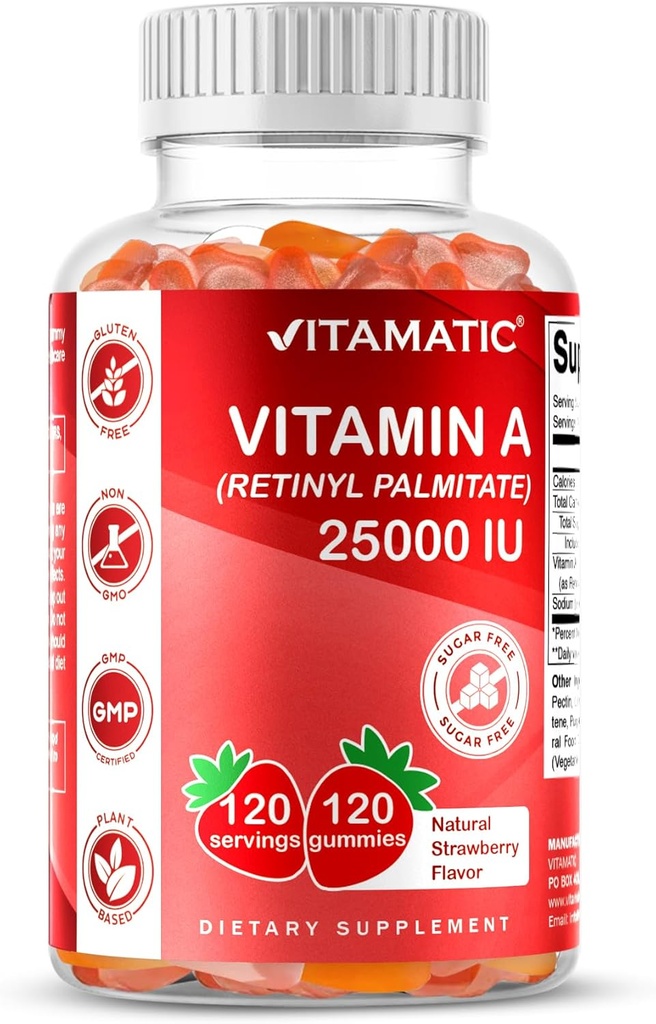 Vitamatic Sugar Free Vitamin A 25000 IU Gummies (Retinyl Palmitate) - Natural Strawberry Flavor - 120 Pectin Based Gummies (3 bottiglie)