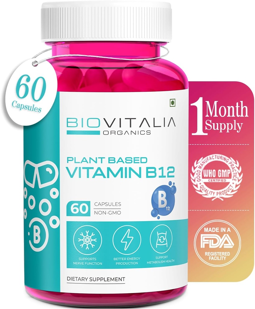 BIOVITALIA Vitamina B12 Capsule Methyl Cobalamin Supplemento 1000mg Plant-Based Capsule - Support Nerve Funzione & Metabolismo Arricchito con erba di grano Spirulina Beetroot - 60 Vegan Caps