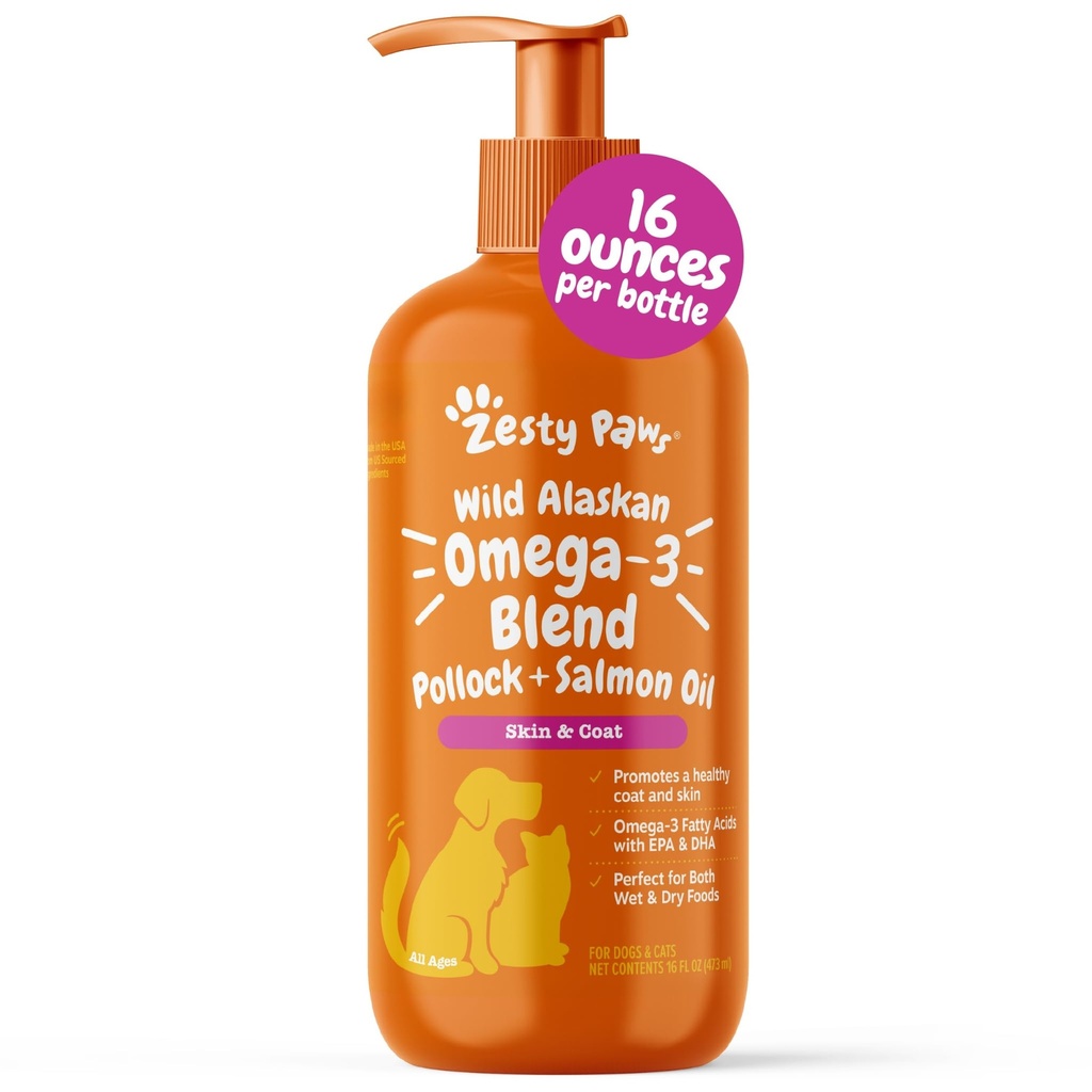 Zesty Paws Wild Alaskan Omega-3 Blend Pollock + olio di salmone per cani e gatti- pelle e cappotto sostegno, Omega 3 supplemento per gli animali, 16oz