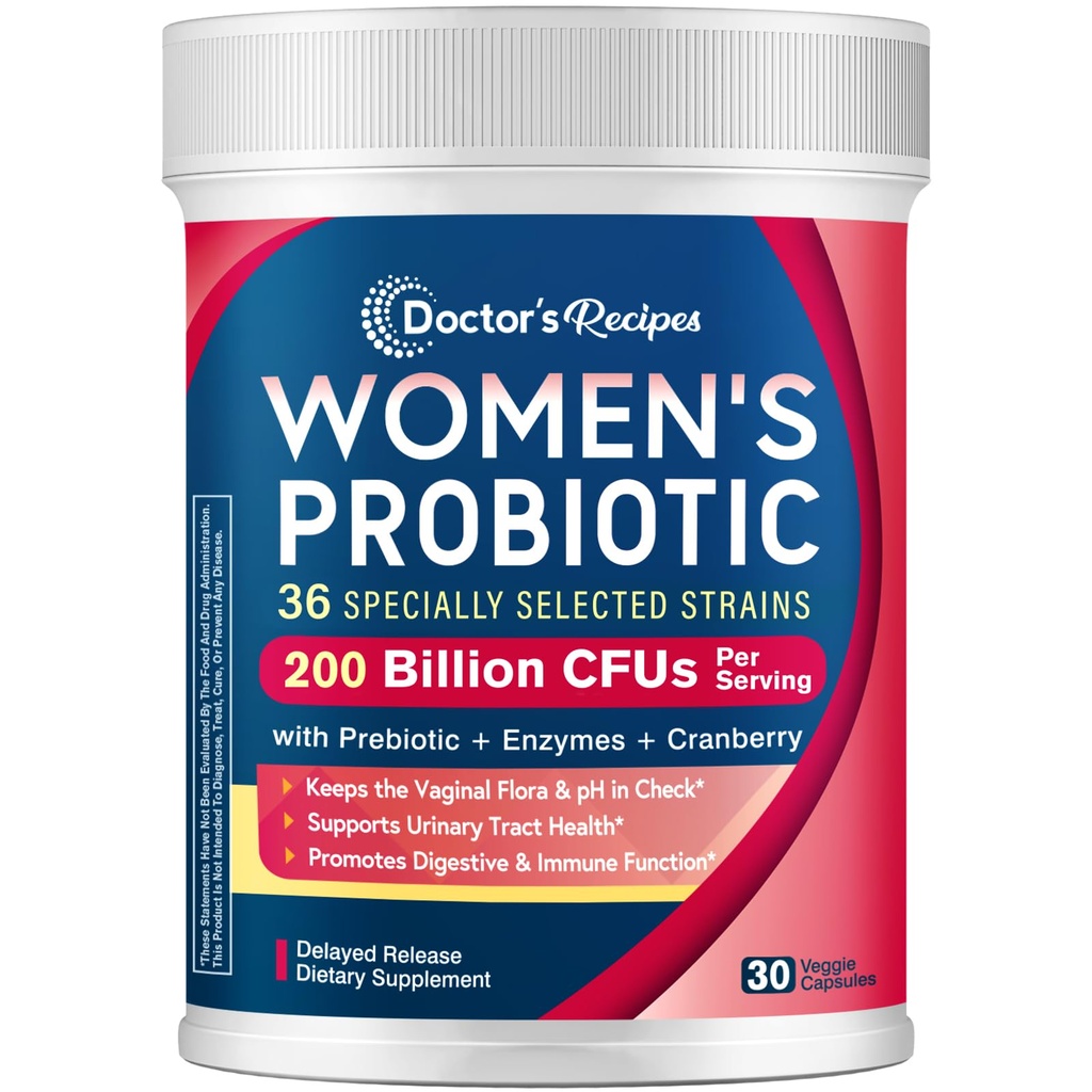 Probiotici per le donne, 200B CFU 36 Strains, con Prebiotici, Enzimi & Cranberry, Digestivo urinario vaginale & Immune, Mensola stabile, 30 Caps