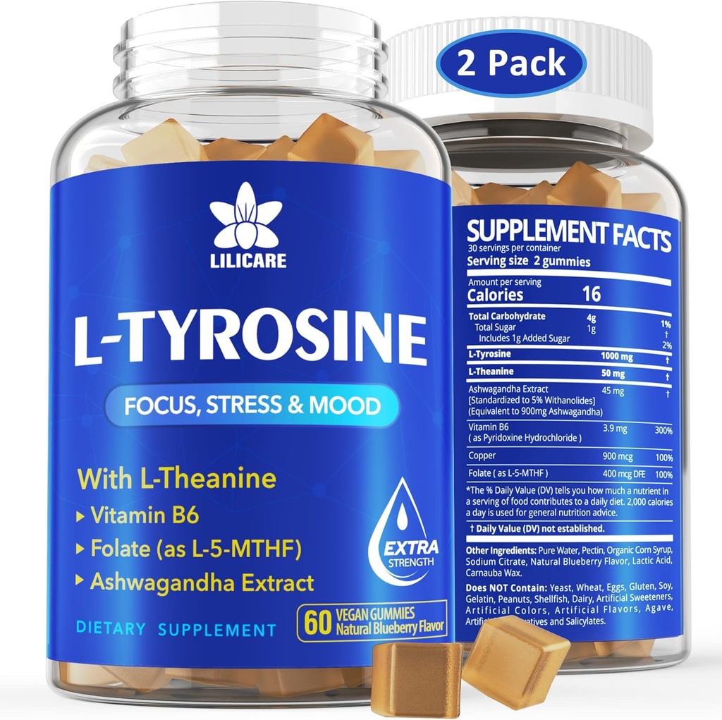 L Tyrosine Gummies 1100mg Mood Support Blend, con Ashwagandha, L-teanina, Vitamina B Complex B6, Folate(Vitamina B9), Focus & Memory, Funzione cognizione e cervello, Energy Boost, Supporto per la resistenza, 2Pc/120ct