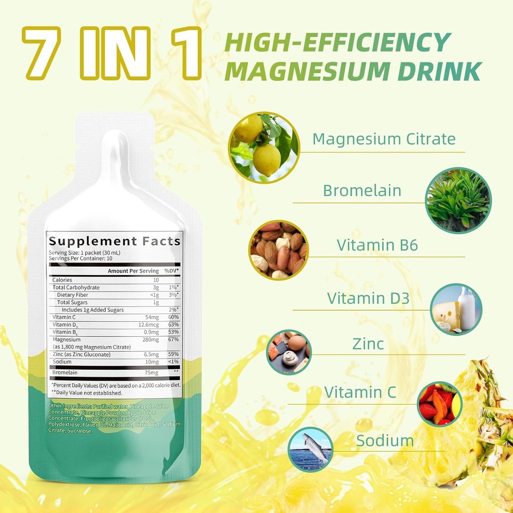 Supplemento liquido di citrato di magnesio (10 Fl Oz), soluzione beva/orile complessa di magnesio con vitaminaB, zinco, sodio e bromelaina per il sonno, il muscolo, il cuore, il supporto della testa (Pineapple)