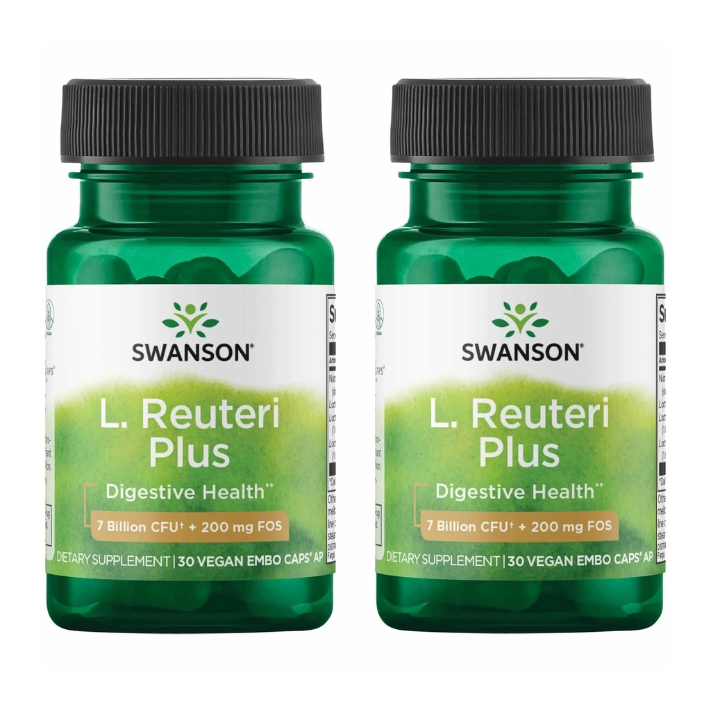 Swanson L. Reuteri Probiotic Plus w/L. Rhamnosus L. Acidophilus & FOS Prebiotic Digestive Support - Promuove Gut Health w/ 7 miliardi di CFU per Capsule - (30 capsule vegetali) (2 Pack)