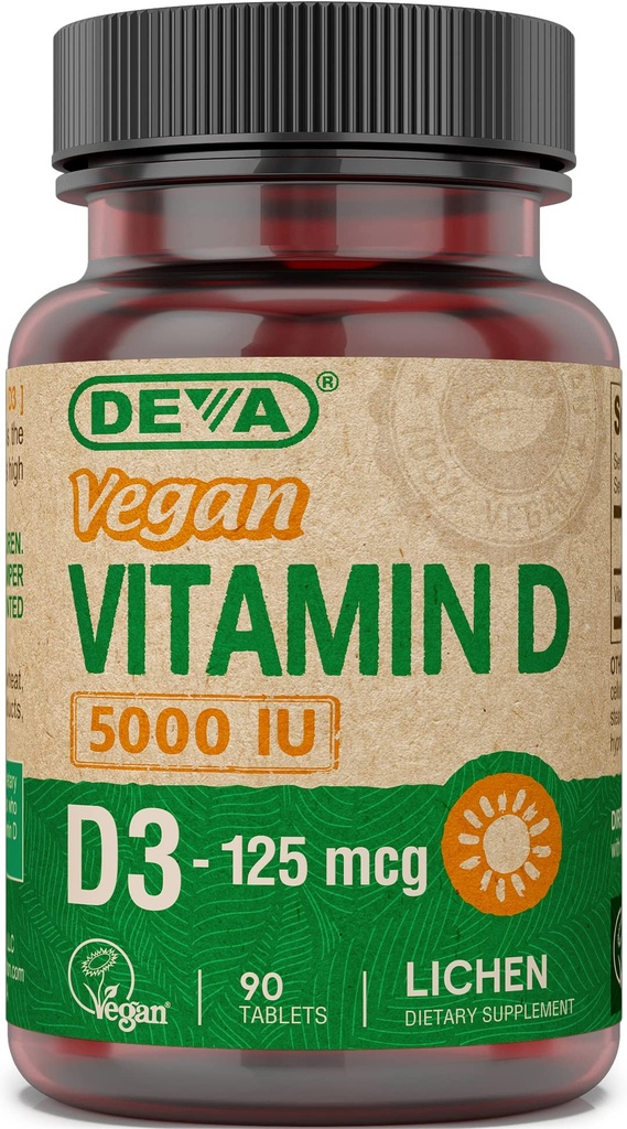 DEVA vitamina D3 5000 IU, Sunshine Supplement, 125 mcg di Vegan D3, 90-Count bottiglia