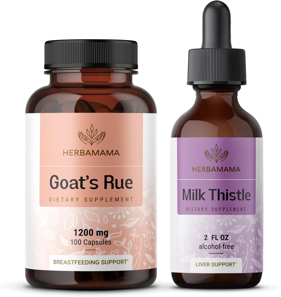 HERBAMAMA Goat's Rue and Milk Thistle Kit - Bundle di 1200 mg Goat's Rue Capsules & Milk Thistle Liver Detox Drops 2 fl oz - Vegan, Non-GMO, Sugar & Alcohol-Free - 2 Pack