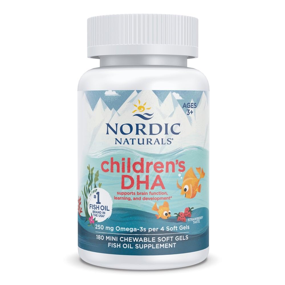 Nordic Naturals DHA per bambini, Fragola - 180 Mini Gel Morbido per bambini - 250 mg Omega-3 con EPA & DHA - Sviluppo del cervello & Funzione - Non OGM - 45 Serve
