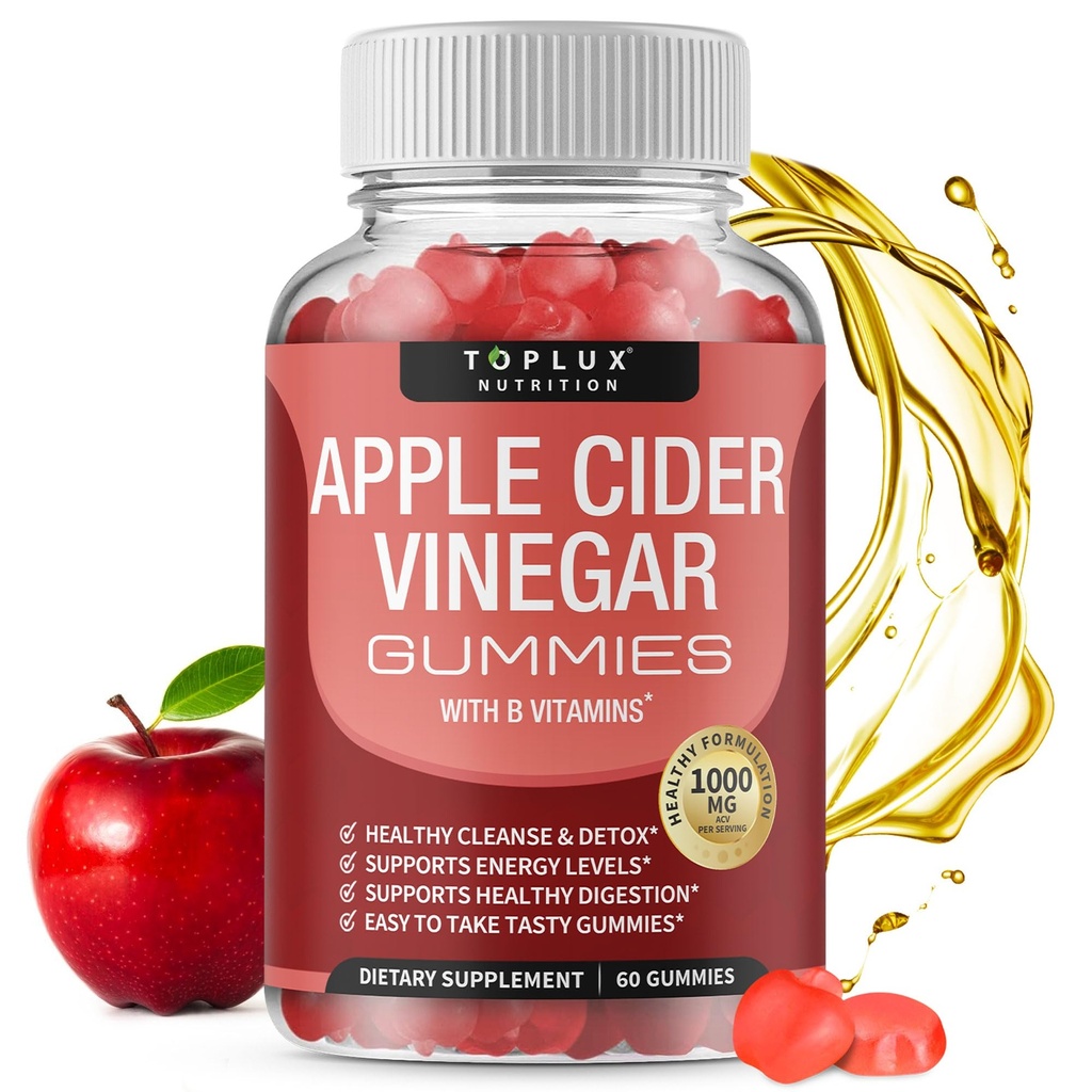 Toplux Aceto di sidro di mele Gummies - 1000mg ACV con B12, Radice di barbabietola, Melograno per il sistema immunitario, Detox & Cleanse, Gomma alternativa alle capsule di sidro di mele, per le donne degli uomini, 60 Gummies