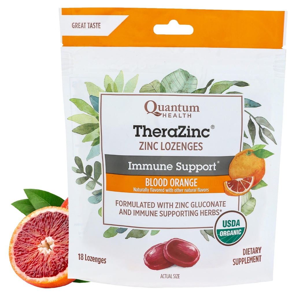Quantum Health TheraZinc Organic Zinc Lozenges Echinacea & Honey Immune Support for Adults & Kids 12+ Rilievo rapido dell'arancia del sangue naturalmente aromatizzato con nessun retrogusto - 18 conte