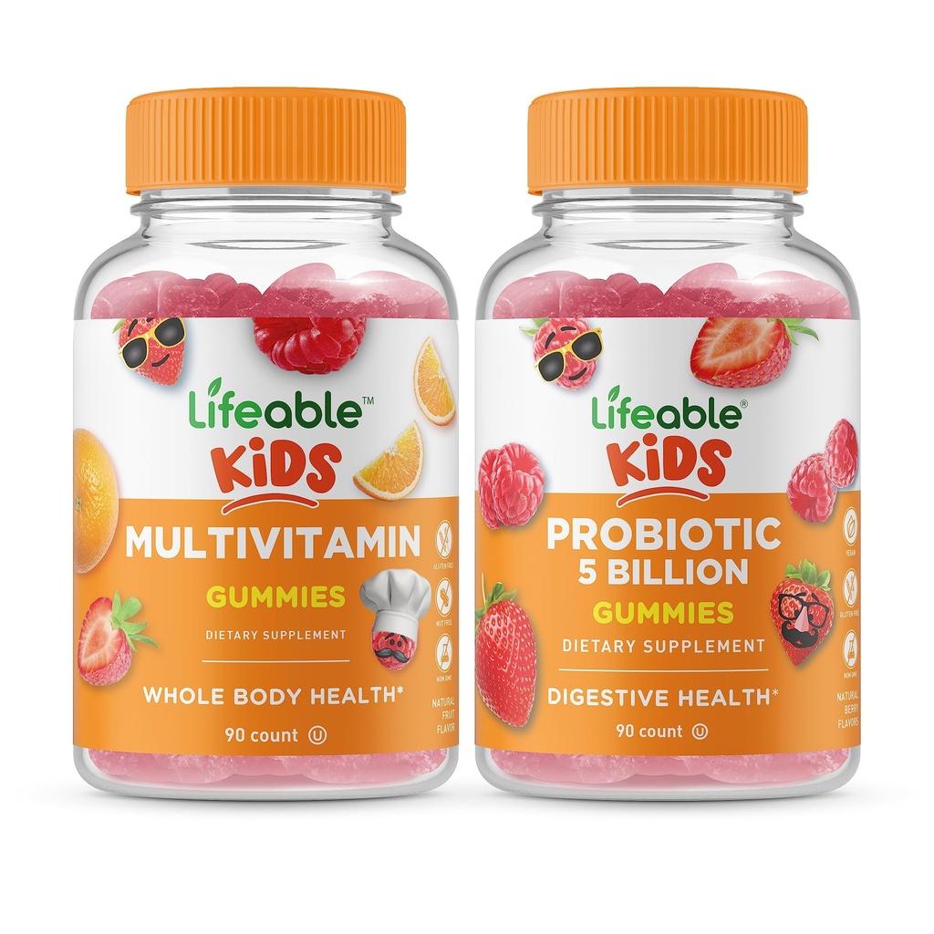 Lifeable Multivitamin Kids + Probiotici 5 miliardi di bambini, Gummies Bundle - Grande degustazione, Supplemento di vitamina, Senza glutine, OGM libero, pancia masticabile