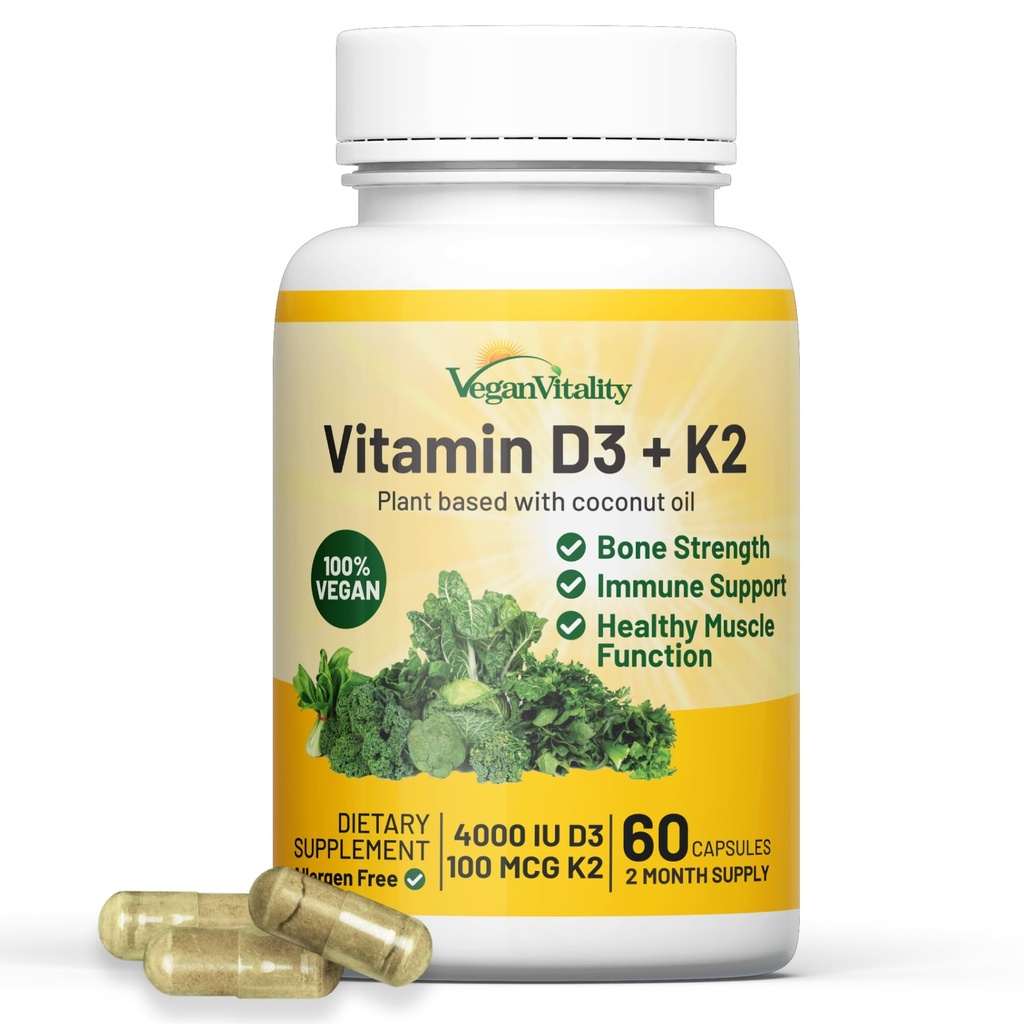 Vitamina D3 K2 4000IU (100mcg) con olio di cocco, vitamina D vegana a base vegetale al 100% per vegani e vegetariani - 60 capsule