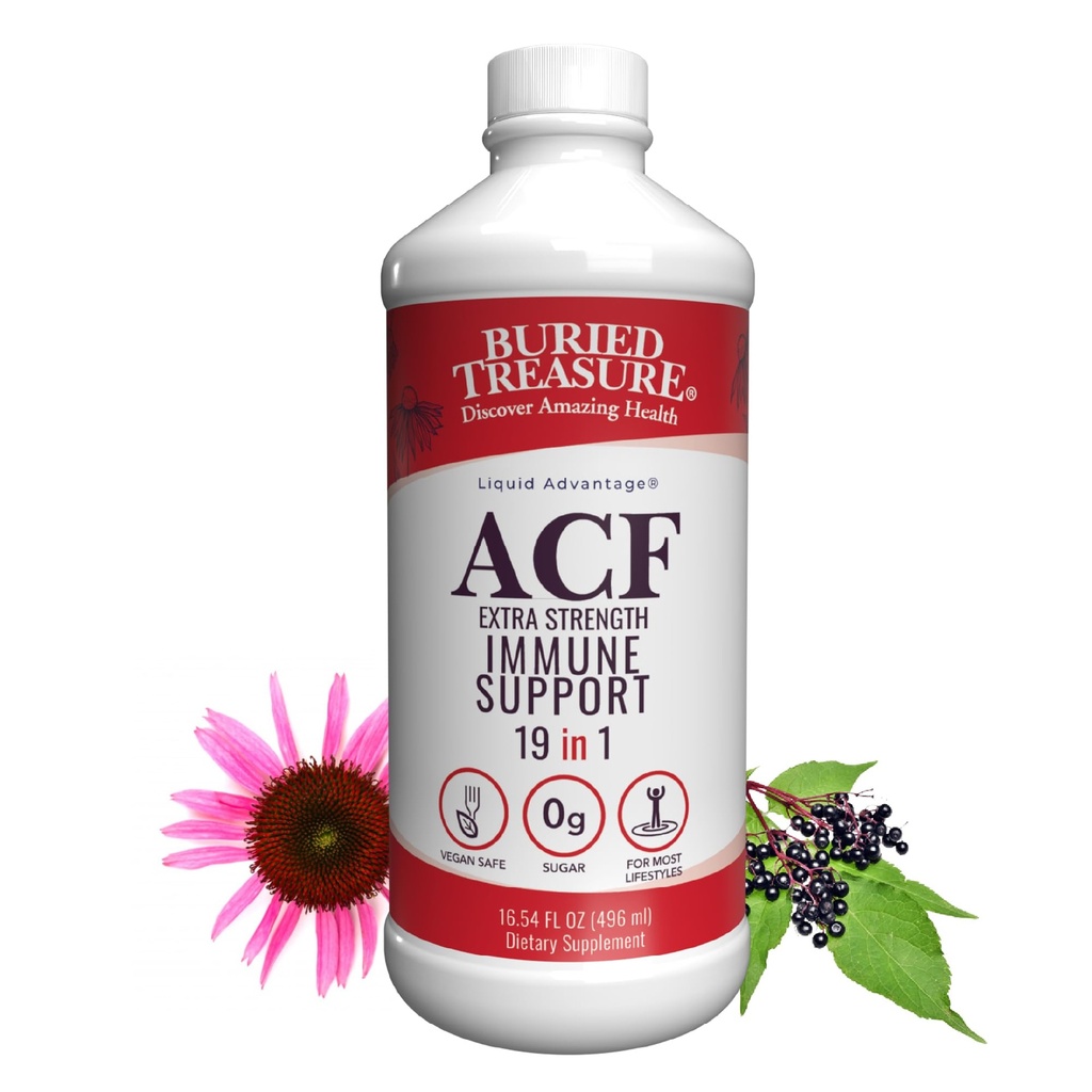 Buried Treasure ACF Extra Strength Immune Support - 16 oz, 16 Serve, Liquid Dietary Immunity Boost w/ Elderberry, Vitamina C & Zinc, Herbal Formula