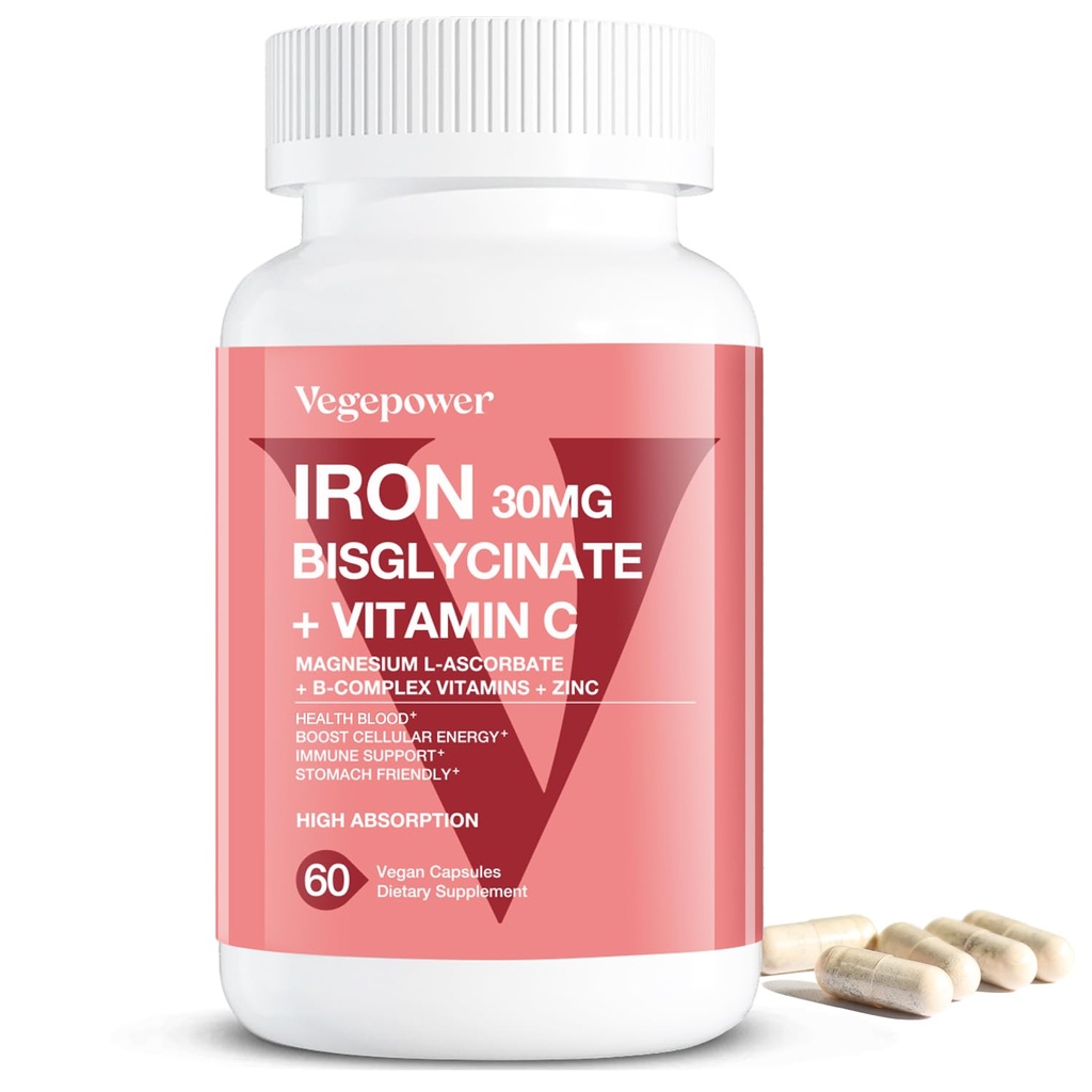 Iron Bisglycinate Supplemento per le donne e gli uomini - 30 mg Pillole di ferro con vitamina C, B12, acido folico - Ferro chelato per l'anemia, Sangue - ad alto assorbimento, senza glutine, non OGM - 60 capsule vegane