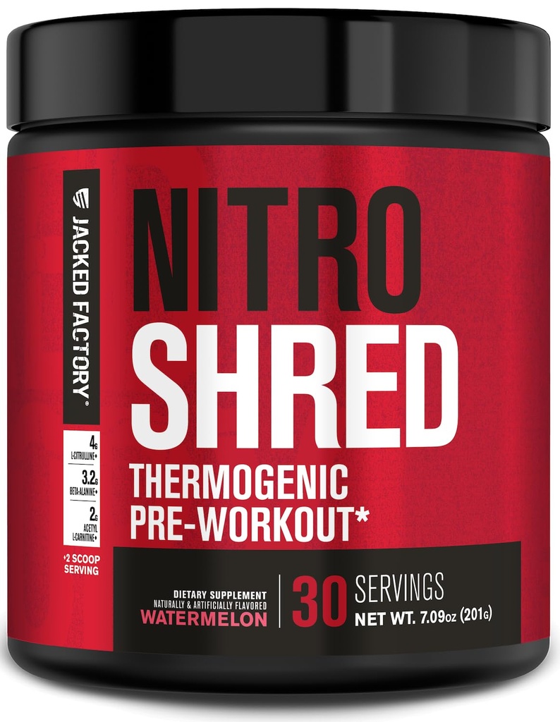 Jacked Factory NITROSURGE Shred Pre Workout Supplement - Energy Booster, Gains istantaneo di resistenza, fuoco affilato, pompe potenti - Nitric Oxide Booster & PreWorkout Powder - 30Sv, Watermelon
