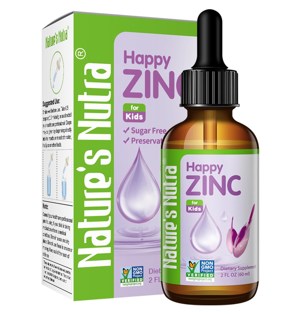 Nutra Happy Zinco, Zinco Liquido Premium per Bambino, Infante, Bambini e Bambini, Zinco Chelato TRAACS, Alta Biodisponibilità, Non OGM, Kosher, 2 Fl. Oz (60ml)
