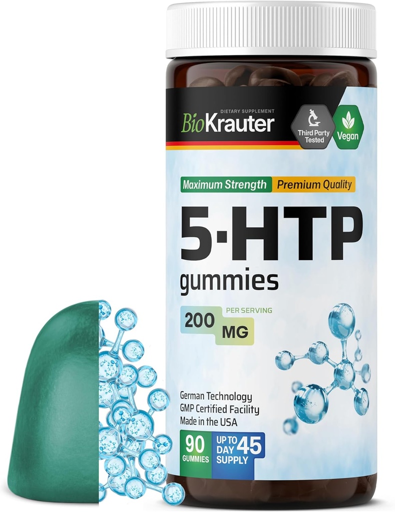 BIO KRAUTER 5 HTP Supplemento Gummies - 200 mg di resistenza - 90 Vegan Chews - Supporto di rilassamento 5HTP Plus L Tryptophan Supplement - Pectin Based Formula