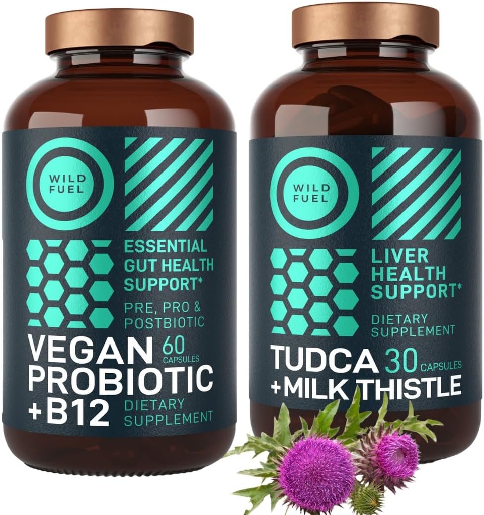 WILD FUEL TUDCA con integratore di cardo al latte e Vegan Probiotic Plus B12 General Liver Cleanse and Gut Health Bundle