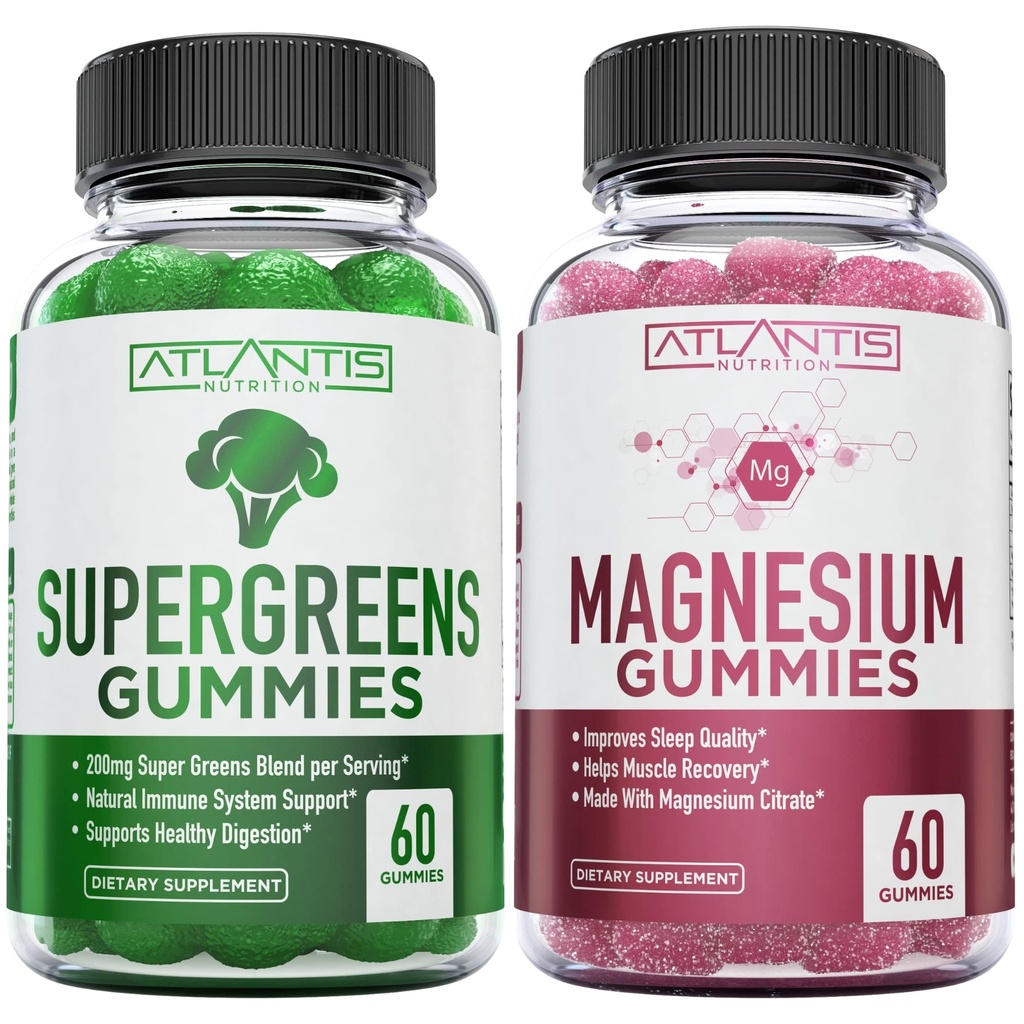 Supergreen & Magnesio Gummies - Magnesio aiuta i muscoli recuperare, Delicious Supergreens con Spinach, Broccoli, Beetroot, The verde, & Acai per il supporto immunità- 60 Gummies