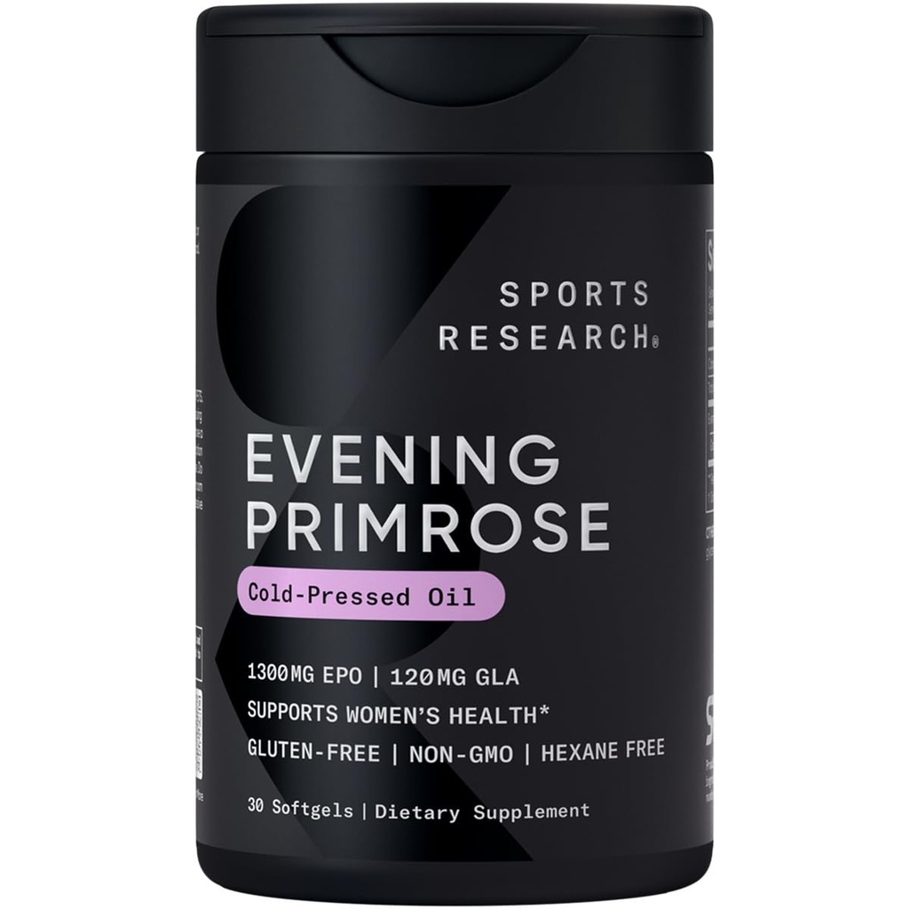Integratore di Primrose di Sera di Ricerca Sport da Olio Pressato Freddo - Softgels per Salute e Salute Della Pelle delle Donne - Gluten Free & Non-GMO GLA - Alta Potenza 1300mg, 30 Count