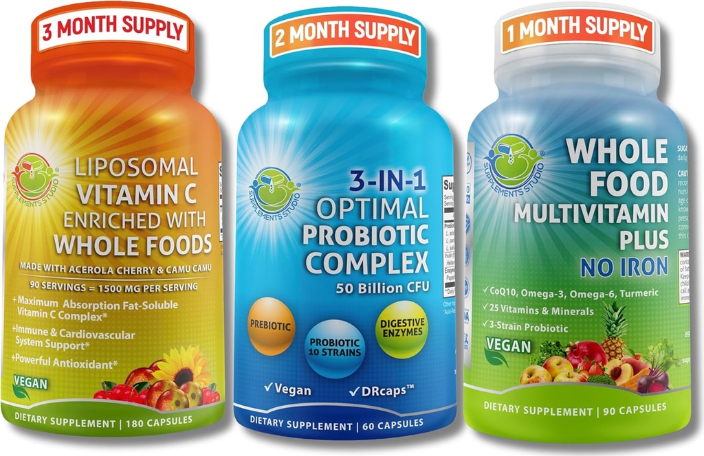 Gut Health, Immunity, Energy & Nutrient Support – Probiotico 3-in-1 con enzimi digestivi + Vitamina Liposomal C 1500mg + Intero Cibo Multivitamina Senza Ferro – Vegan, Non OGM, Clean Wellness Support