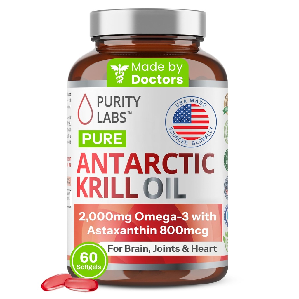Purity Labs Antarctic Krill olio 2000mg Omega-3 con Astaxanthin 800mcg integratori per sostenere la memoria- Ricco di Omega 3, acidi grassi, DHA, EPA & Phospholipids - 60 Softgels