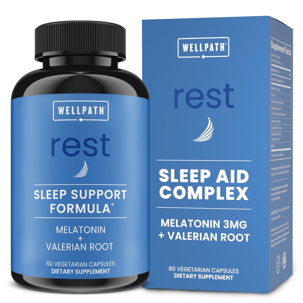 WellPath Rest Valerian Root Sleep Aid for Adults with Melatonin & L-Theanine | Pillole naturali e naturali con resistenza extra | 5-HTP, Lemon Balm, Camomilla, 60 Ct