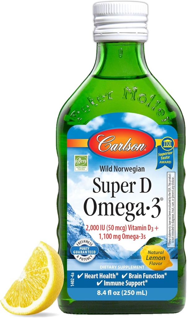 Carlson - Super D Omega-3, Wild-Caught Norwegian Arctic Cod Liver Oil, 2000 IU (50 mcg) Vitamina D3, 1100 mg Omega-3, Sustainably Sourced Nordic Fish Oil Liquid, Limone, 250 ml