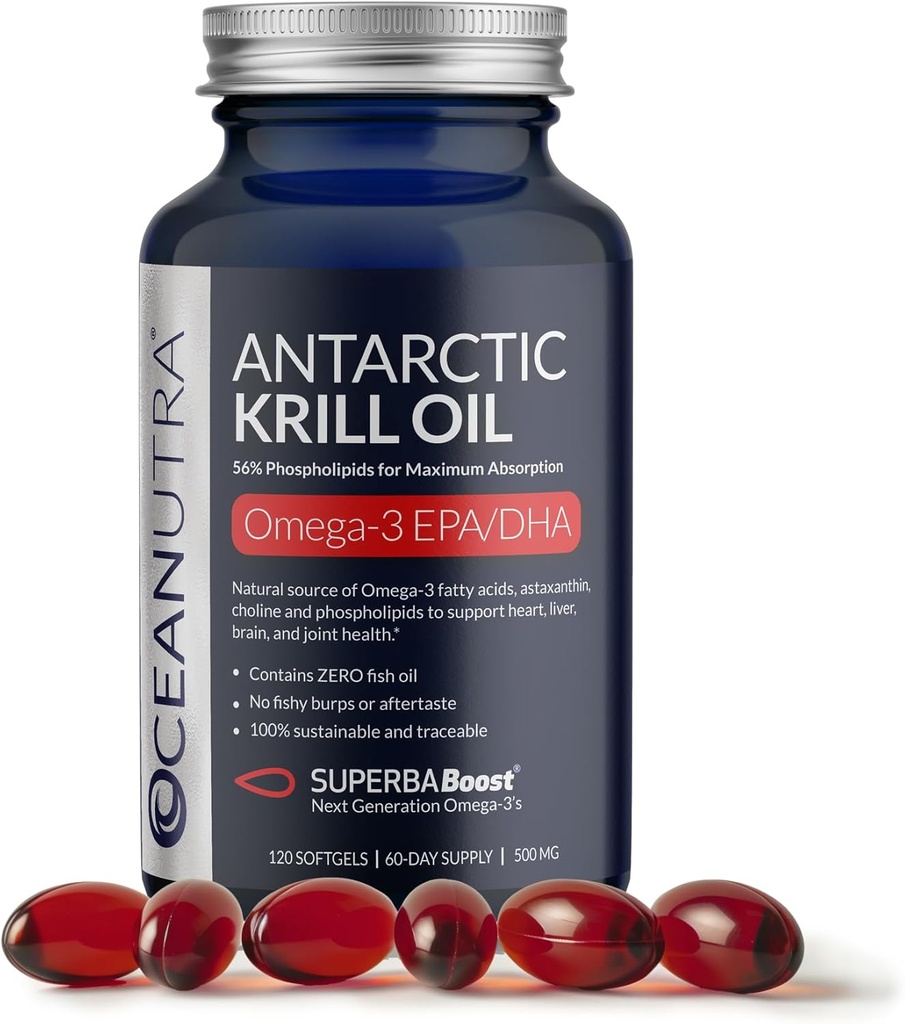 Wild Caught Antarctic Krill Oil 500mg Softgels, SuperbaBoost Omega 3 Supplemento, EPA & DHA, Astaxanthin, Choline, 56% Phospholipids, Sostenibile, No Fish Oil, Vanilla Flavor (Fornitura 60-Day)