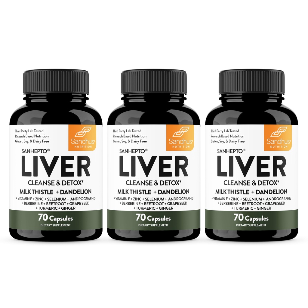 Sandhu's Liver Cleanse Detox & Repair Support | 70 Capsules (Pack of 3) | Integratore di erbe per la salute del fegato | Latte Thistle Dandelion Root Andrographis with 8 Minerals