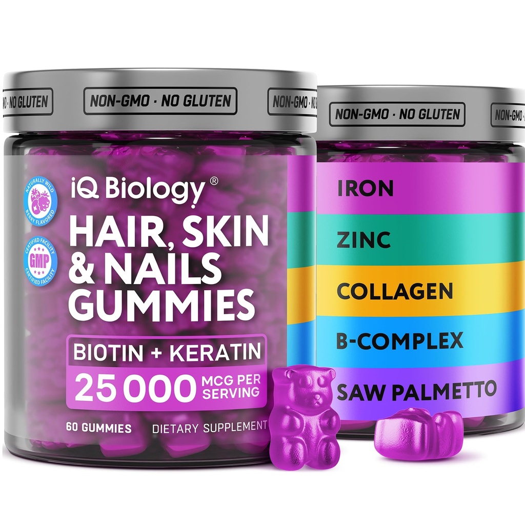 Biotin Gummies per Capelli, Pelle e Unghie - Vitamine per la Crescita dei Capelli per Donne & Uomini - Integratore Del Gomma Di Perdita Dei Capelli con Biotina Extra Forza (Vitamina B7), Collagene, Blocco Keratin & DHT, 60 Cuscinetti Masticabili
