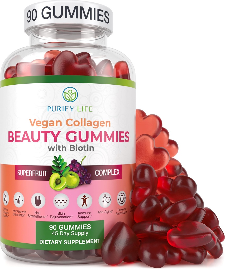 Purificare la vita Vegan Collagen Gummies con Vitamine Biotina per la pelle dei capelli e la salute delle unghie, (90 Chews) Collagen Support Superfruit Complex con Resveratrolo, Vitamina A, E, C - Sostituisci capsule, Pillole