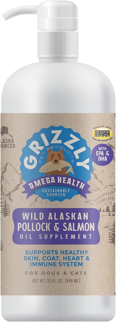 Prodotti per animali Grizzly Omega Health Liquid Omega-3 Supplemento per cani e gatti, Bottiglia di 32 once