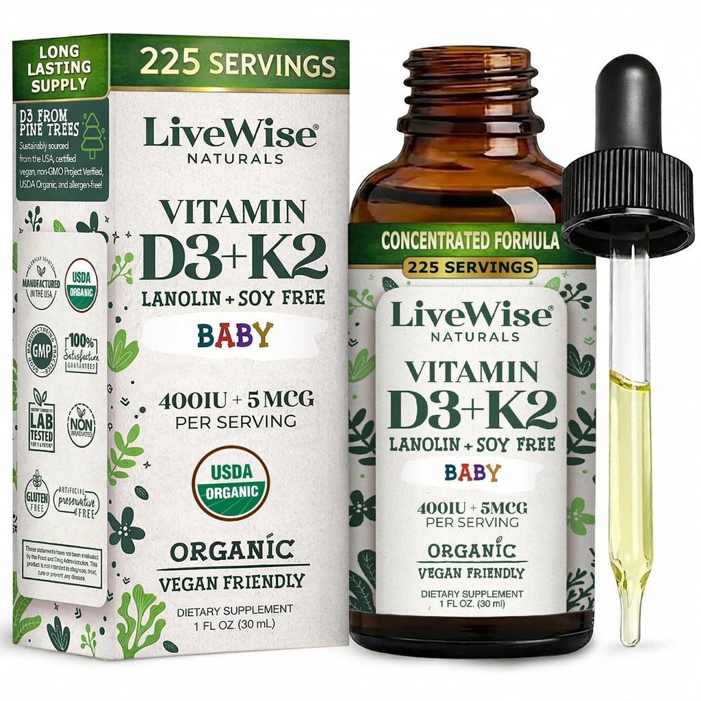Integratore liquido di vitamina D3-K2, gocce di vitamina per neonati e bambini, per crescita sana, sviluppo e benessere quotidiano, Dropper facile da usare in bottiglia di vetro, 1 Fl Oz