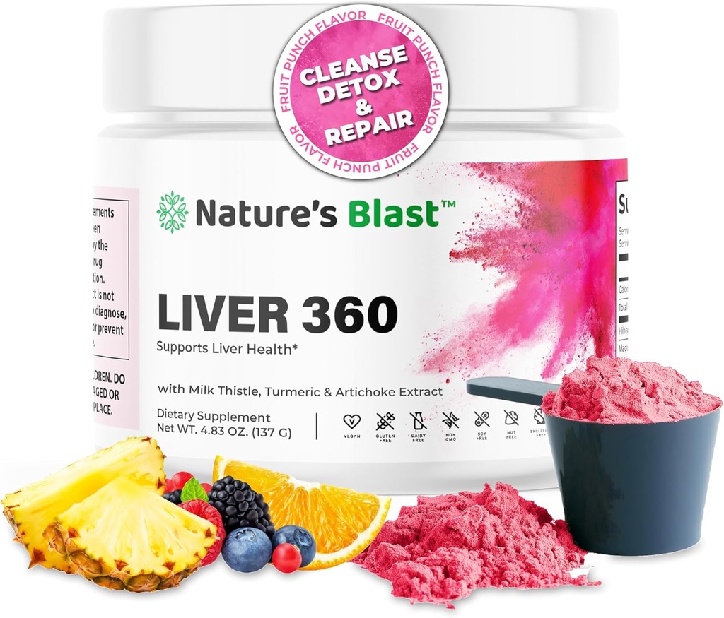 Liver 360 - Polvere di Detox & Repair del fegato con cardo del latte, aroma di punzonatura di frutta dell'estratto di curcuma e carciofo – 30 porzioni