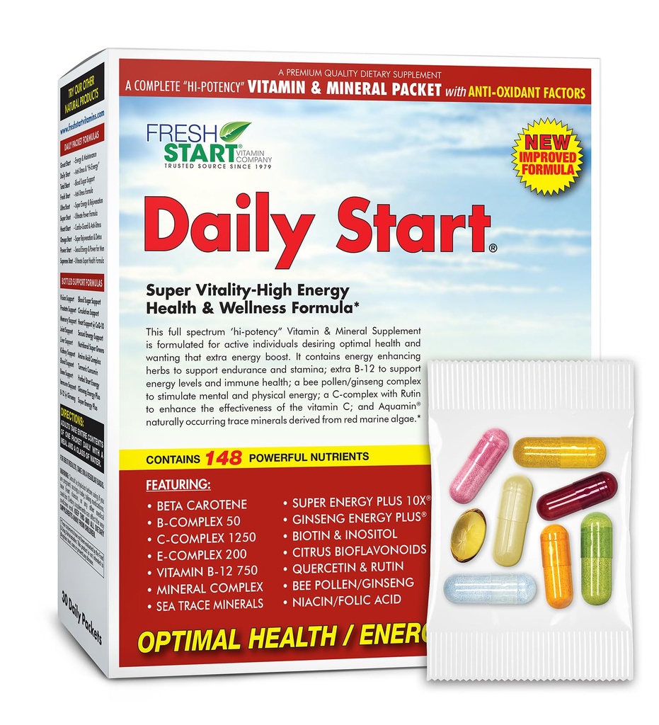 Daily Start Complete Daily Vitamin Pack | 10X Energy & Stamina Booster | Vitamina A, B, C, D, E, B12, Minerali, Ashwagandha, Panax Ginseng, Yerba Mate, Green Tea (30 pacchetti)