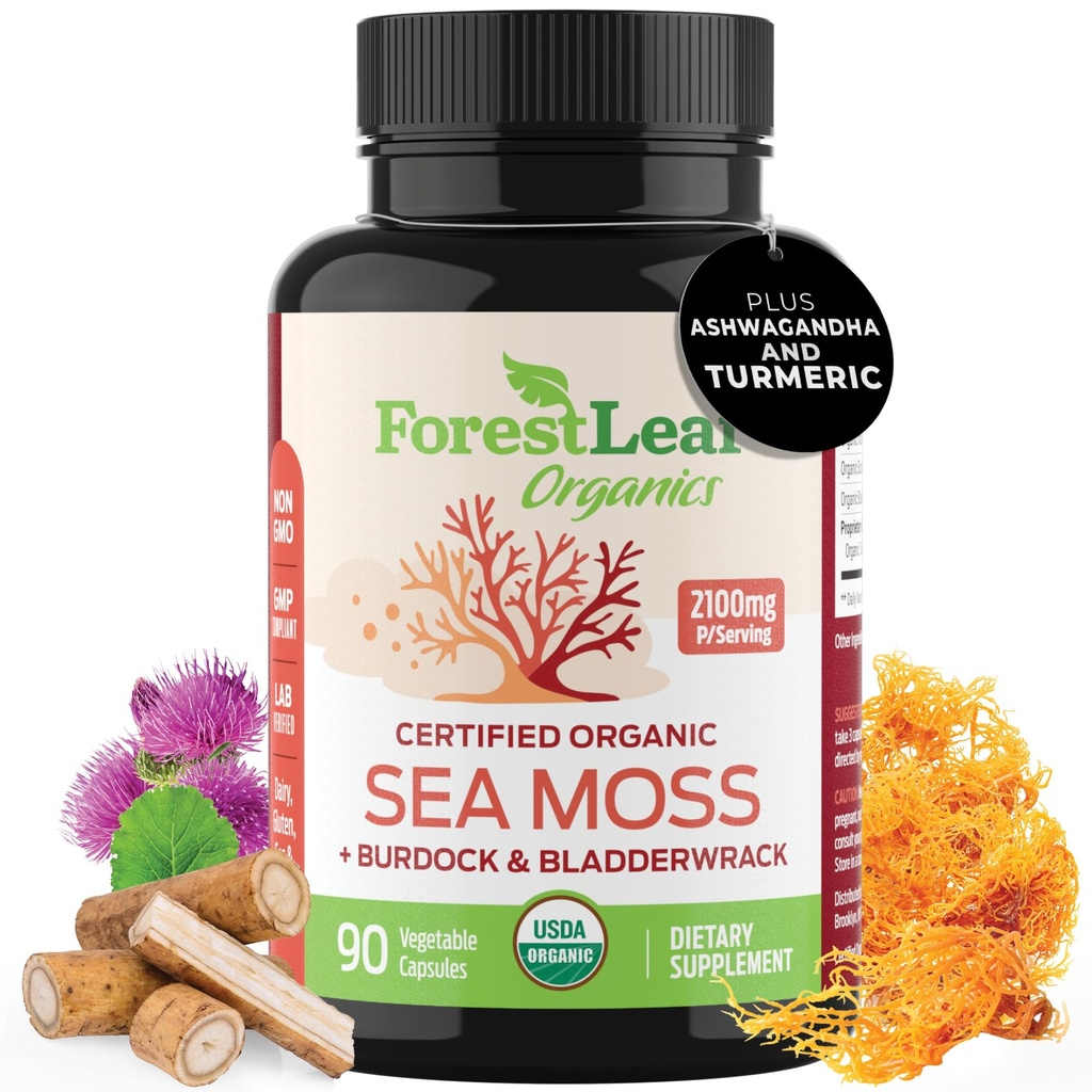 ForestLeaf Organic Irish Sea Moss Capsule | 2100mg Pillole Raw Seamoss Supplemento avanzato Superfood + Burdock, Bladderwrack per Digestivo, Respiratorio, Salute Immune | 90 Vegan Organic Sea Moss Caps