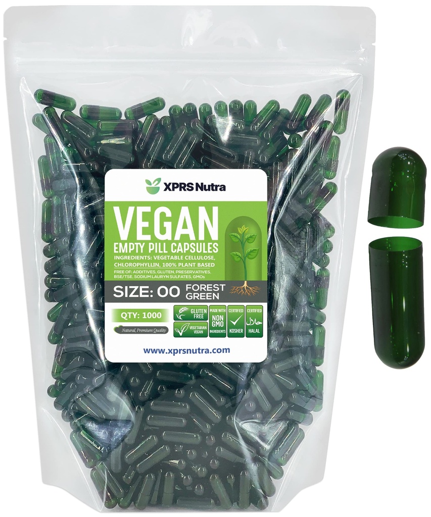 XPRS Nutra Size 00 Empty Capsules - 1000 Count Empty Vegan Capsule - Pillole Vuoto Vegetariano - DIY Capsule Vegetali Filling- Veggie Pill Caps (Forest Green)