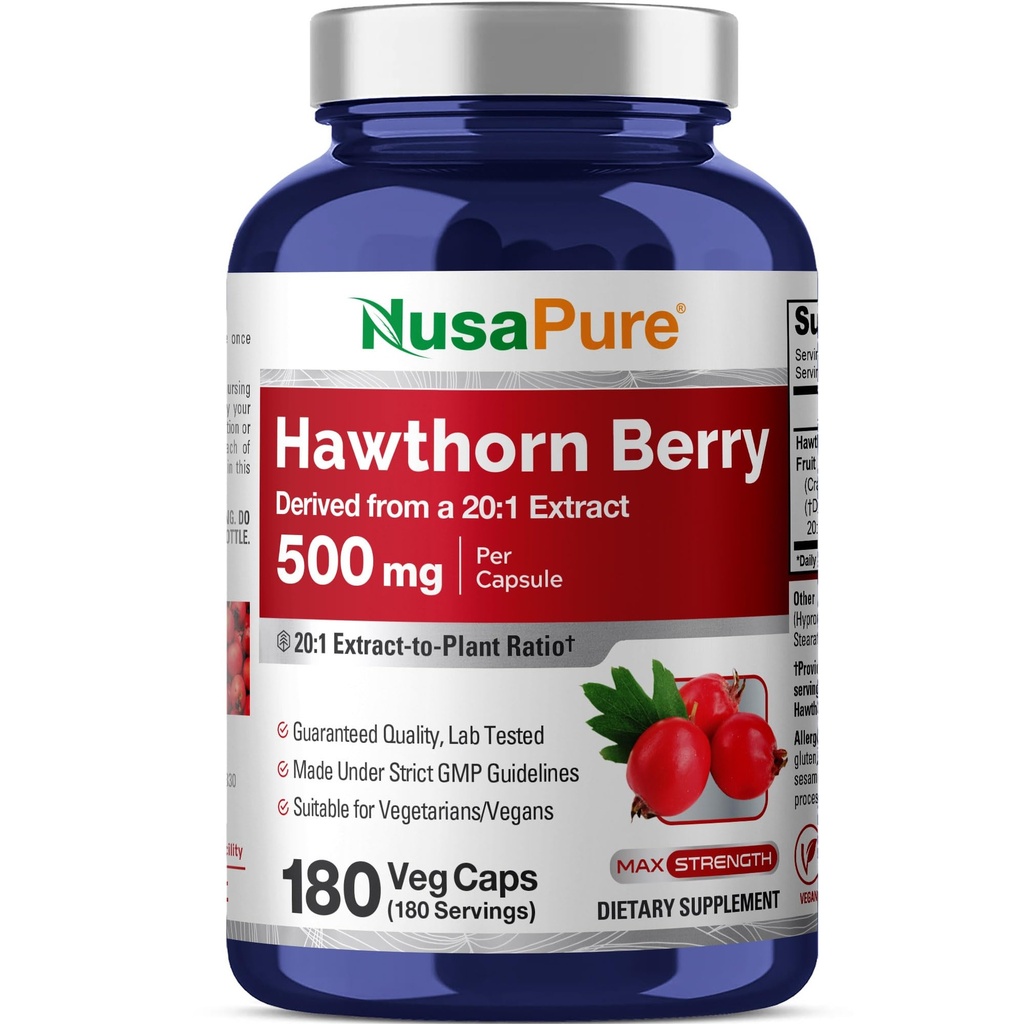 NusaPure Hawthorn Berry 20:1 estratto, 500 mg Equivalente a 10.000 mg 180 Veg Caps, adatto per vegetariani, Vegan, supplemento dietetico non OGM