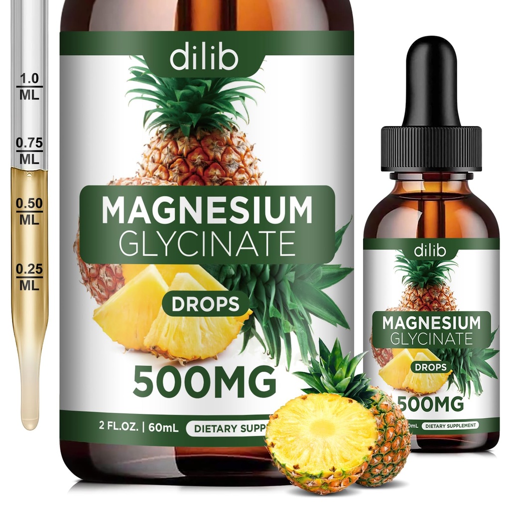 Magnesio Glycinate Supplemento, Liquid Magnesium Glycinate Liquid Drops 500mg-Support Stress Relief, Relax, Mood, Sonno, Bone & Muscle-2 Fl Oz, Vegan, Ananas Flavor